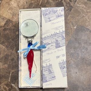 Murano Red and Blue Magnifying Glass, Sterling Silver 800/1000